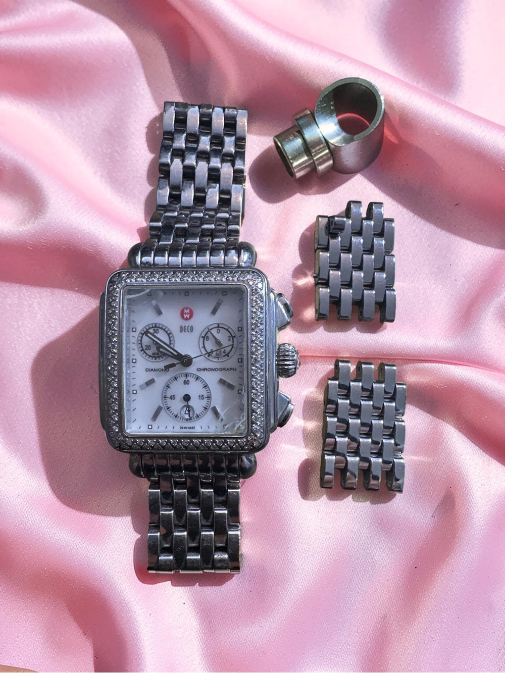 Michele Deco Silver Diamond Dial Watch Women Stainless Steel With 15 Straps